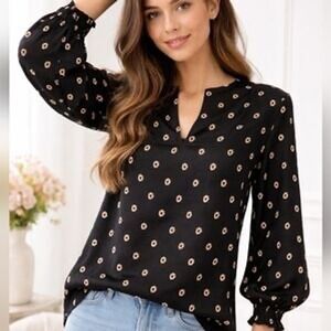 Ted Baker London Womens XL Black Daisy Floral Split Neck Smocked Cuff Blouse